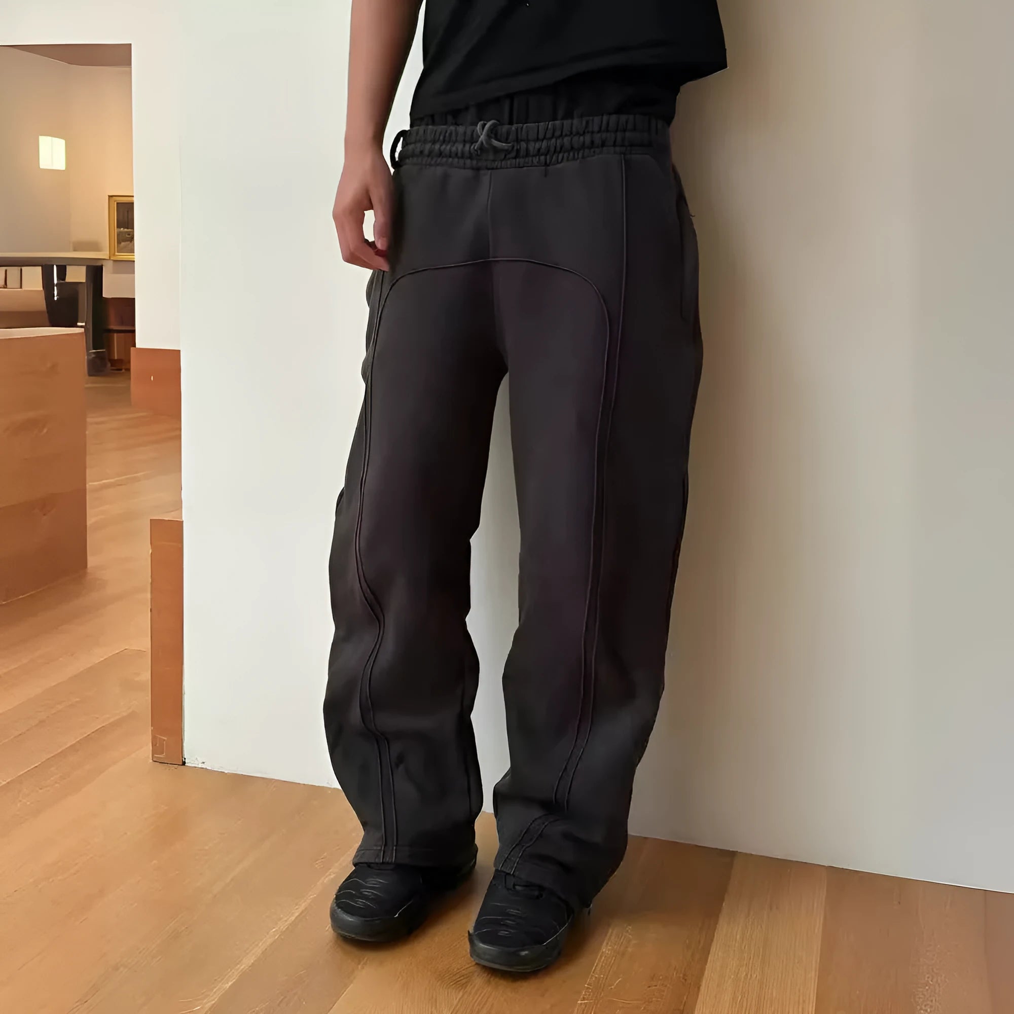 Men stretch rope sweatpants casual trousers loose fit quilting craft polyester black