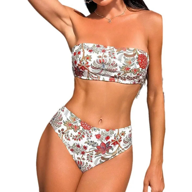 Women's printed bandeau bikini top with triangle cups and matching swim shorts