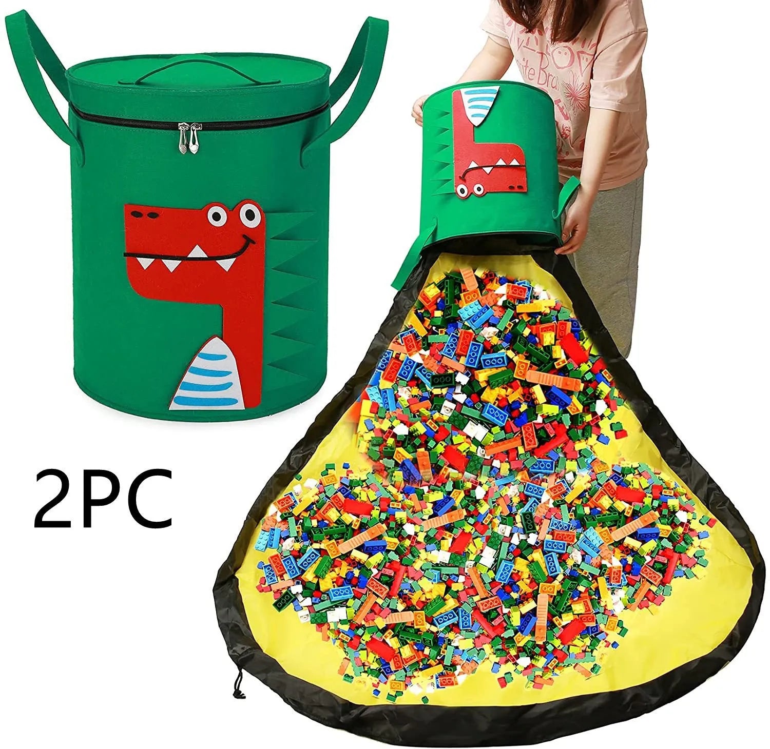 Green felt storage bag shown as both a flat play mat and gathered cube with pull rope closure