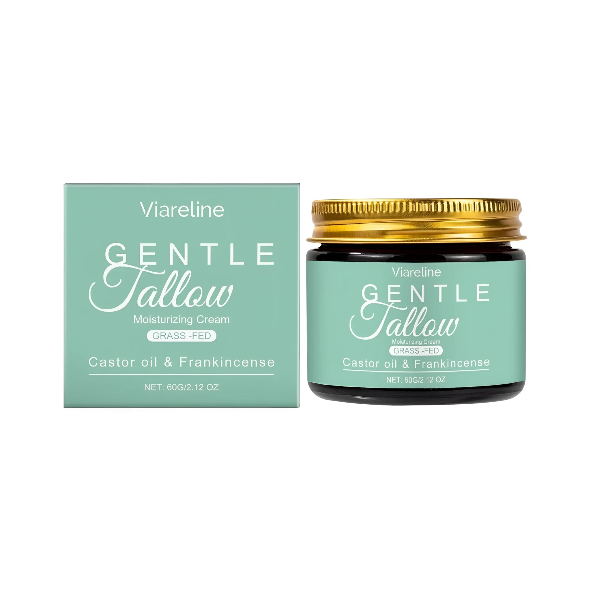 A 60g glass or plastic jar of beef tallow and frankincense moisturising cream for dry skin.