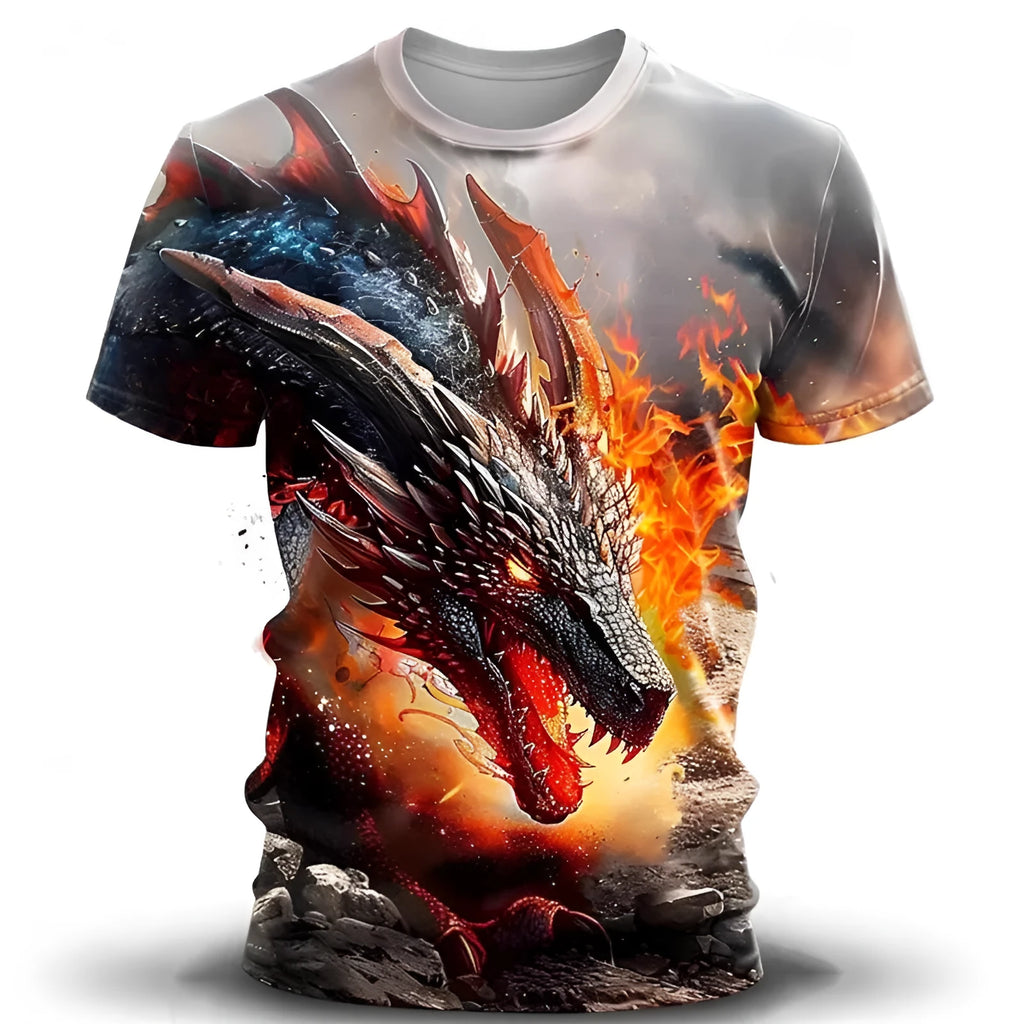 Men's grey T-shirt with a detailed 3D wind dragon graphic on the chest, short sleeves, thin milk silk fabric.