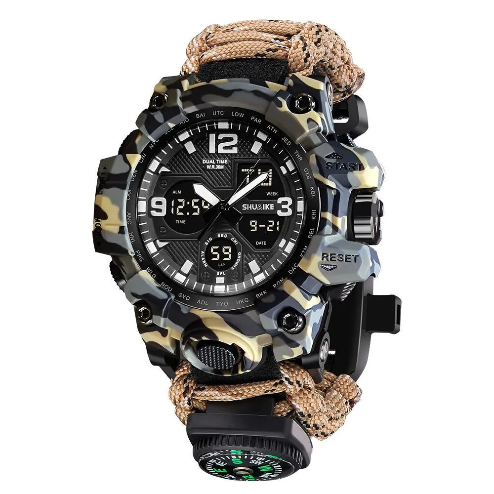 Double display electronic watch for men with compass, thermometer, whistle, and ignition on 1.3 inch screen