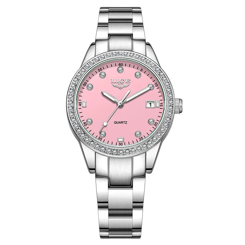 Silver fashion women's quartz watch with diamond bezel and round dial