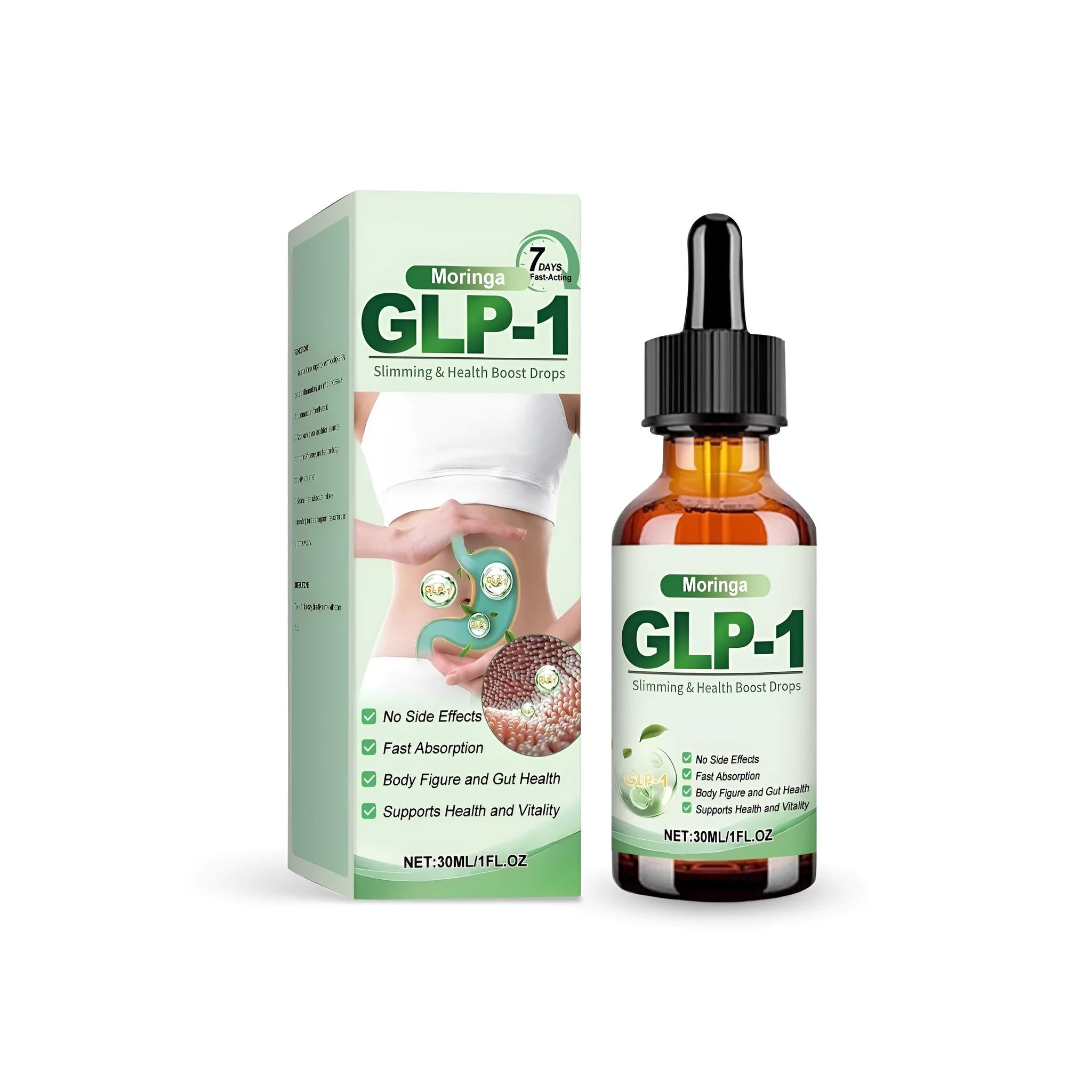 30ml bottle of Slimming Health Boost Drops with dropper containing moringa, citrus, and peppermint extracts