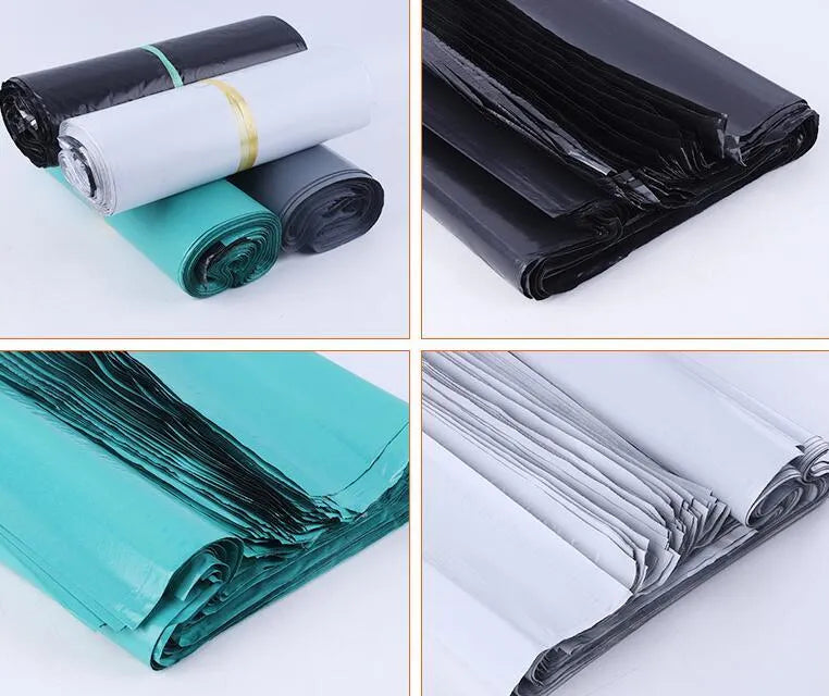 A bundle of 100 flat, clear PE plastic courier bags for clothing with adhesive sticker seals.