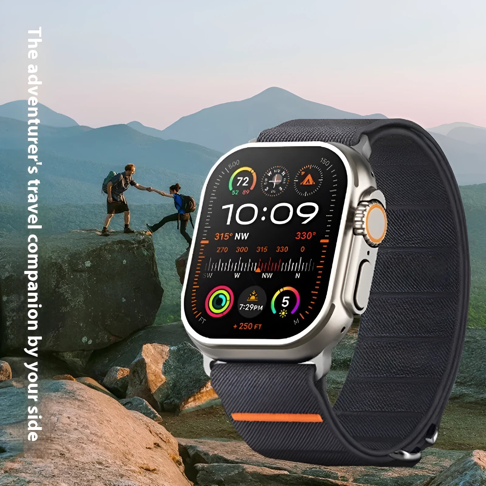 Elastic nylon Apple Watch band with stainless steel buckle shown in Army Green colour.