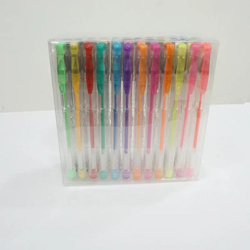 Set of 100 gel pens with watercolour effect, showing assorted colours and two tip sizes (0.5mm and 1mm) on a 15cm plastic body.