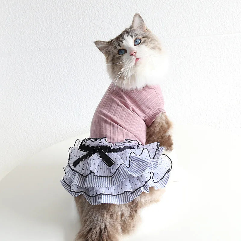 Polka dot lace princess cake dress for a small dog, shown in taro purple colour.