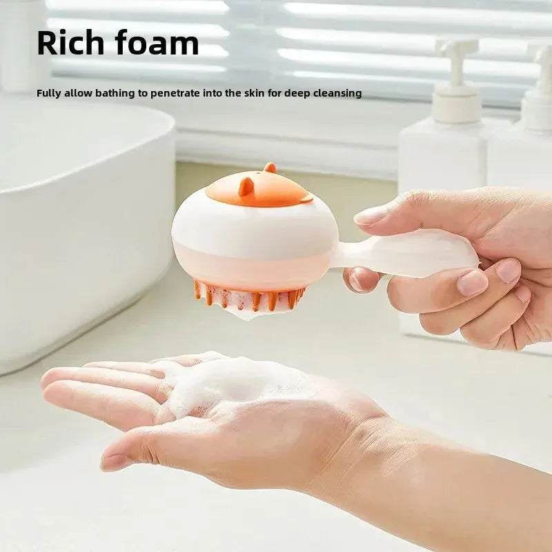 Automatic cleaning pet bath brush with soft gel massage head in blue and orange colour options