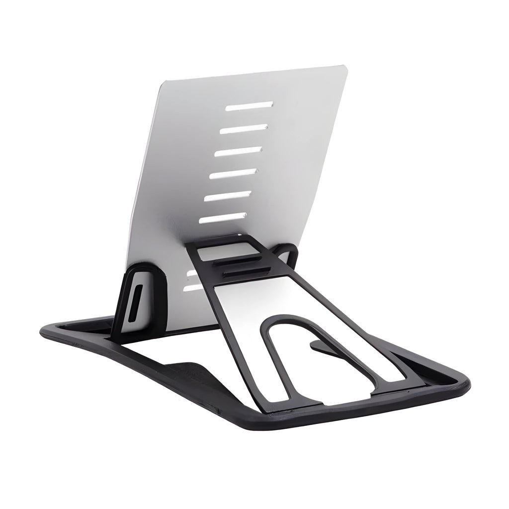 Black card phone holder bracket measuring 8.5cm by 5cm on desktop