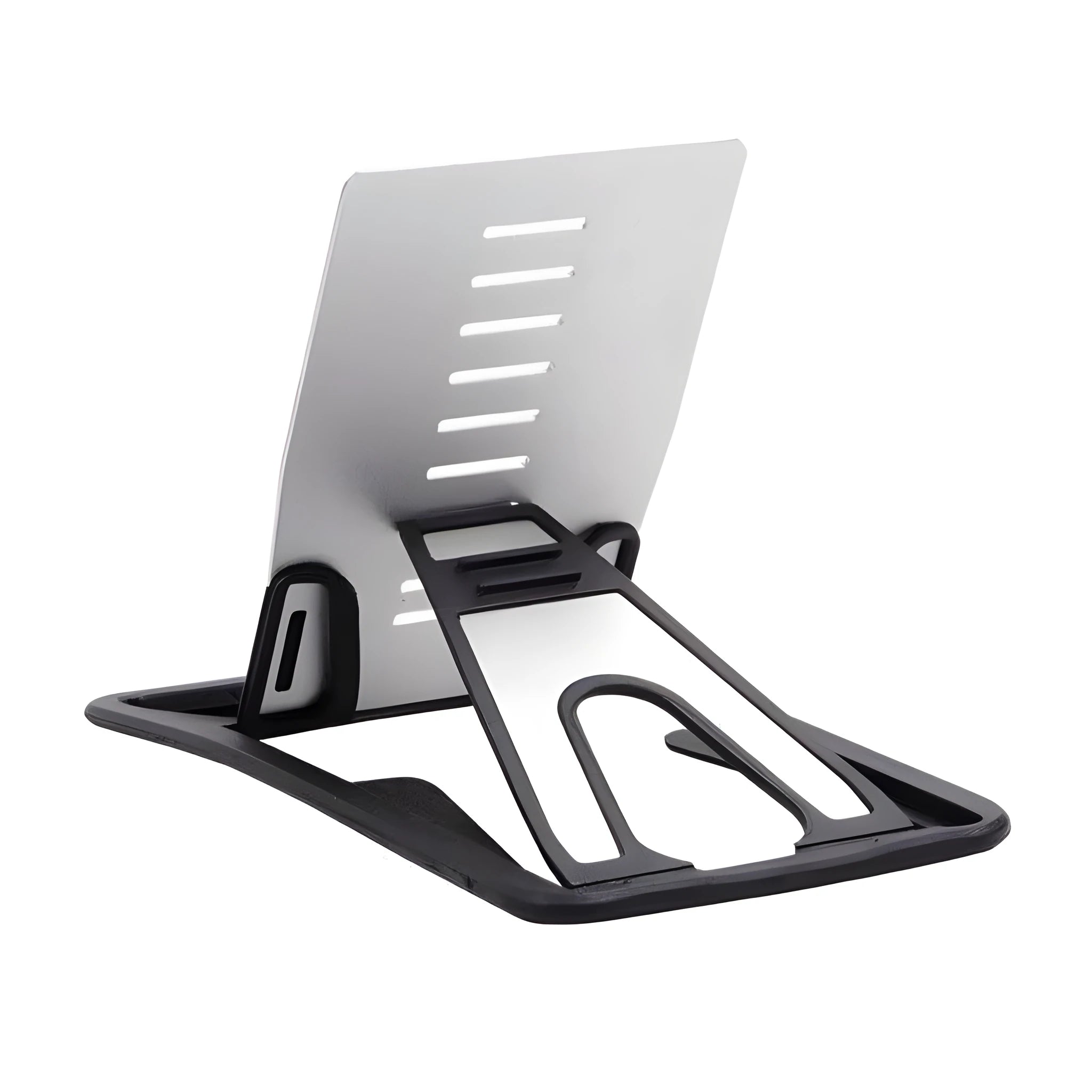 Black card phone holder bracket measuring 8.5cm by 5cm on desktop
