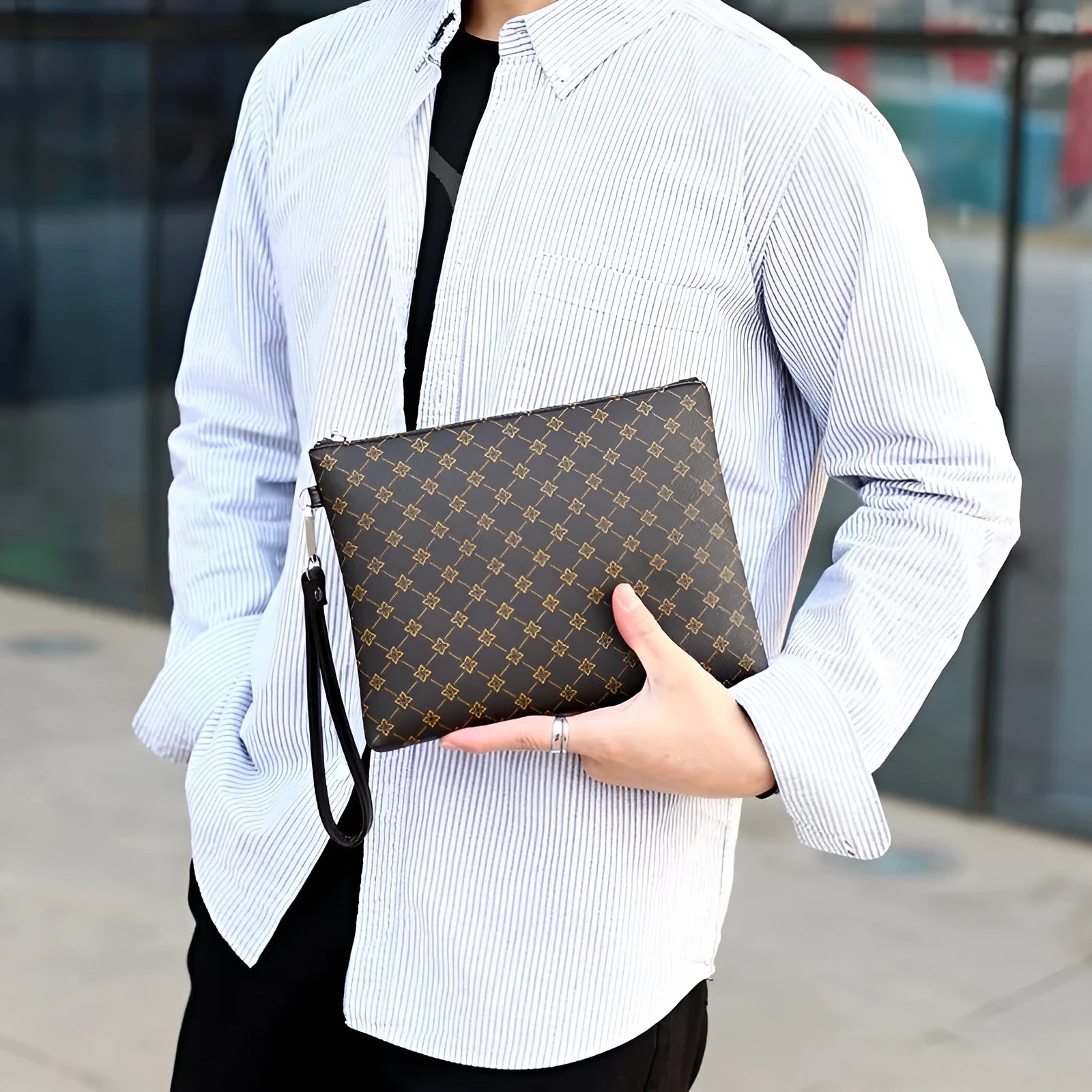 Men's PU leather gingham check clutch bag with soft carry handle and sandwich pocket