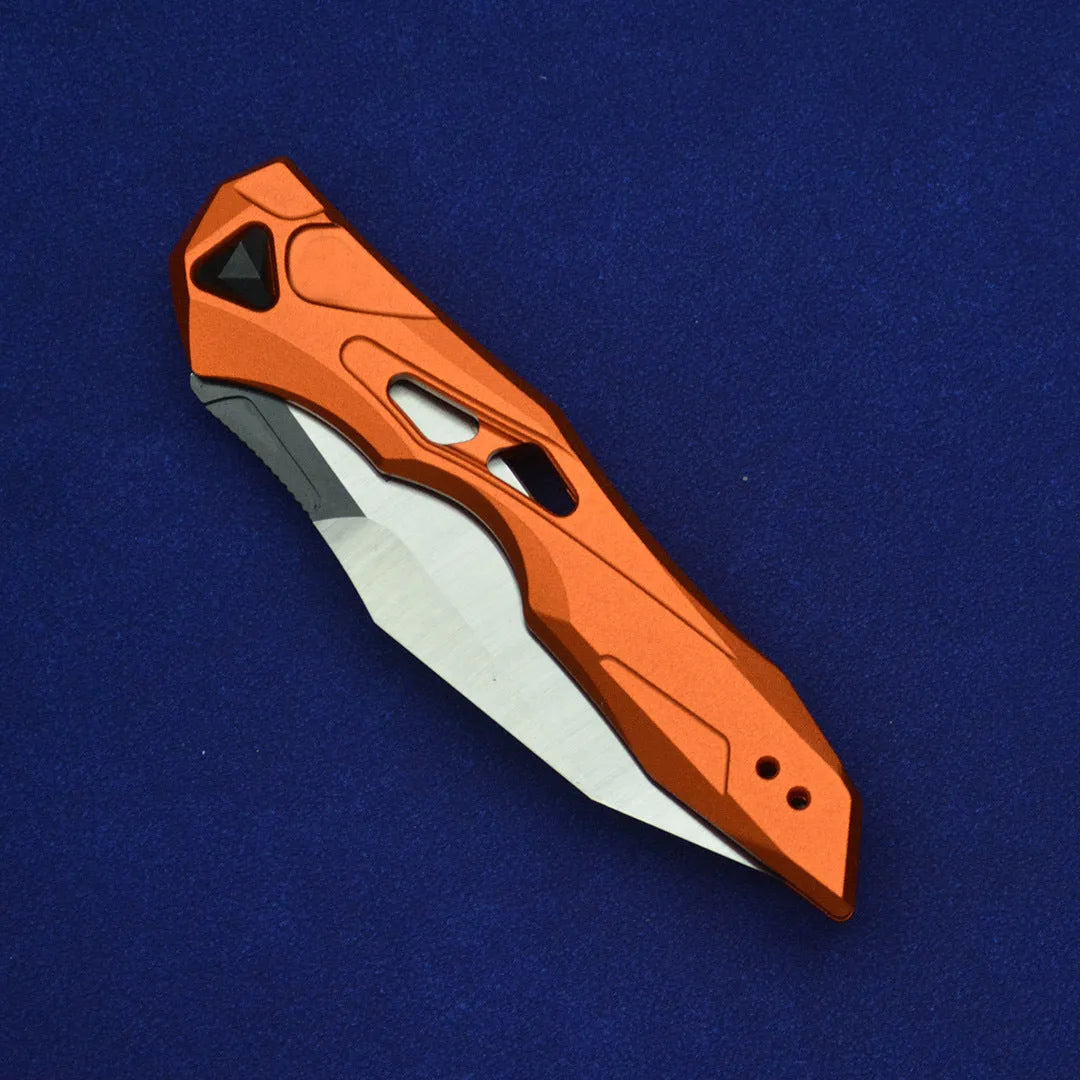 Black folding fruit knife with D2 steel blade and aluminium handle for camping