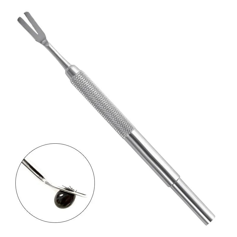 Silver stainless steel tick removal tweezers with fine tips and ergonomic handle for pets