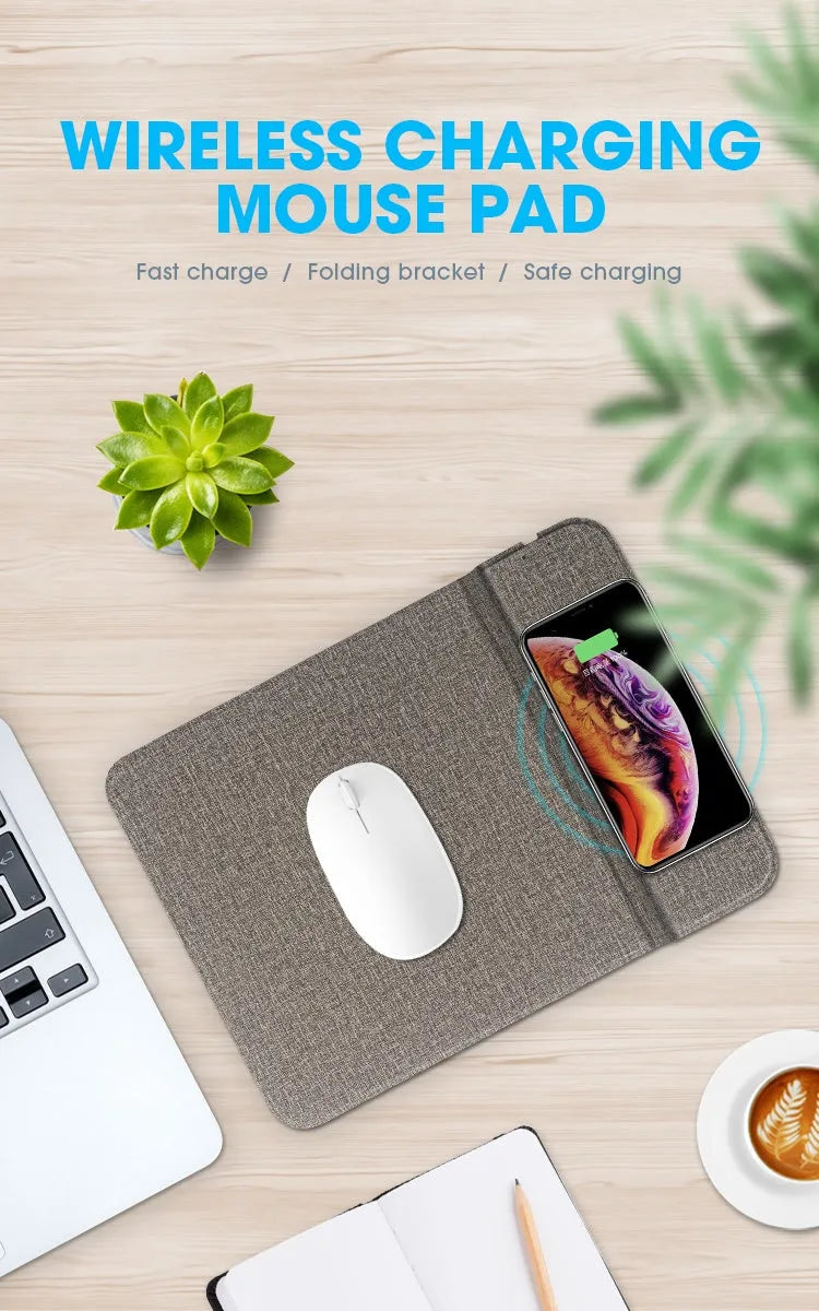 Foldable cloth wireless charging phone holder showing 10W Qi charging logo.