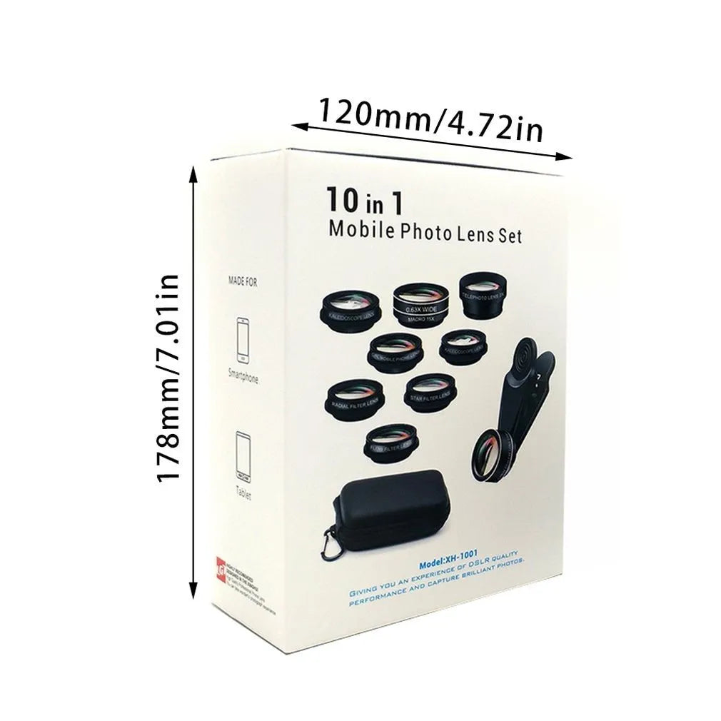 Black ten-in-one set of external HD glass camera lenses with aluminium-magnesium alloy housing for mobile phones.