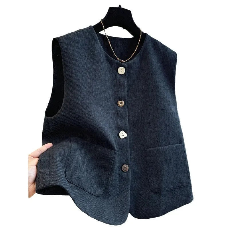 Women's round neck sleeveless vest in a fitted bandage dress style, shown in milky white.