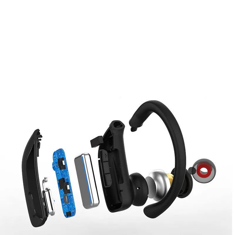 Black hanging ear wireless Bluetooth headset with LED digital display showing battery status