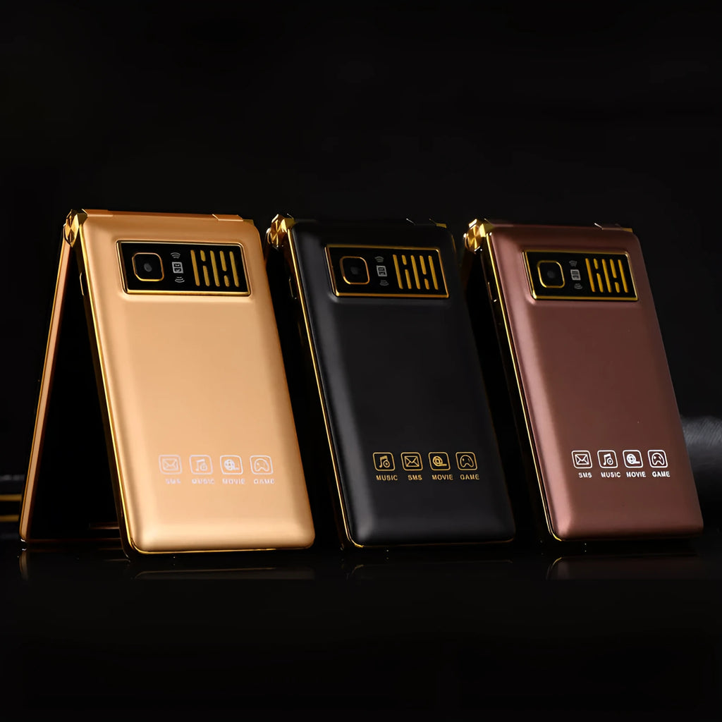 Dual screen flip phone with touch screen showing black, gold, and coffee colour options