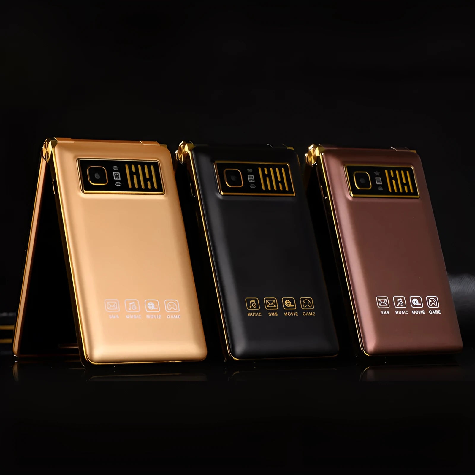 Dual screen flip phone with touch screen showing black, gold, and coffee colour options