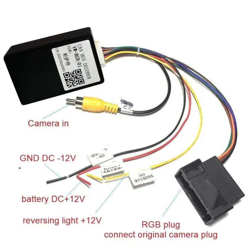 Black car camera conversion box for MIB host reverse camera installation on Volkswagen Skoda vehicles