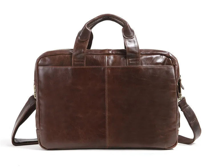 Brown 18 inch men's business briefcase in first layer cowhide with leather pattern texture
