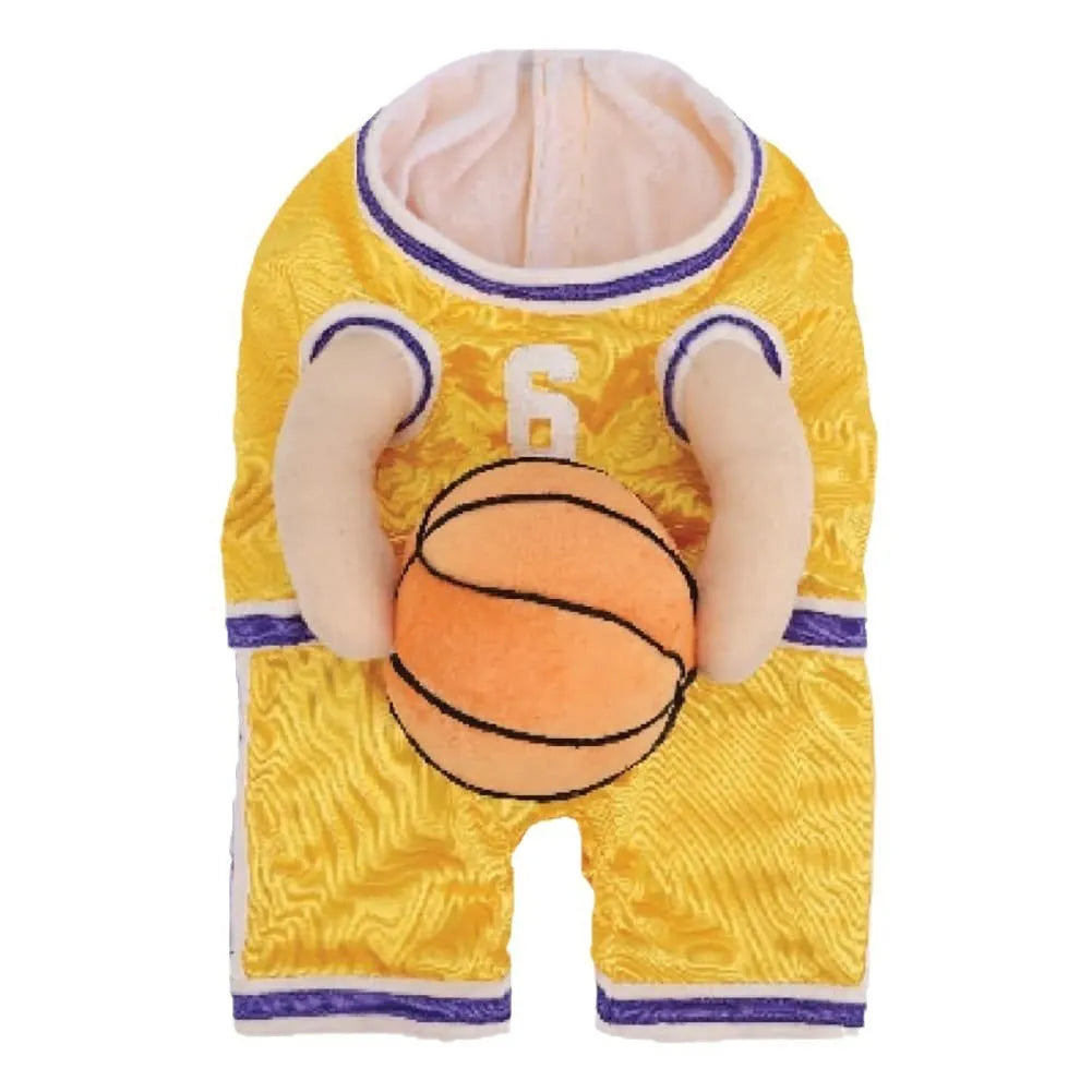 Red or yellow dog basketball costume with matching ball toy, shown in small, medium, and large pet sizes.