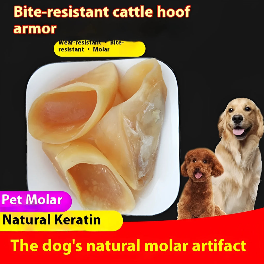 A natural hoof-shell coloured cowhide chew stick for dogs, shown in two sizes.