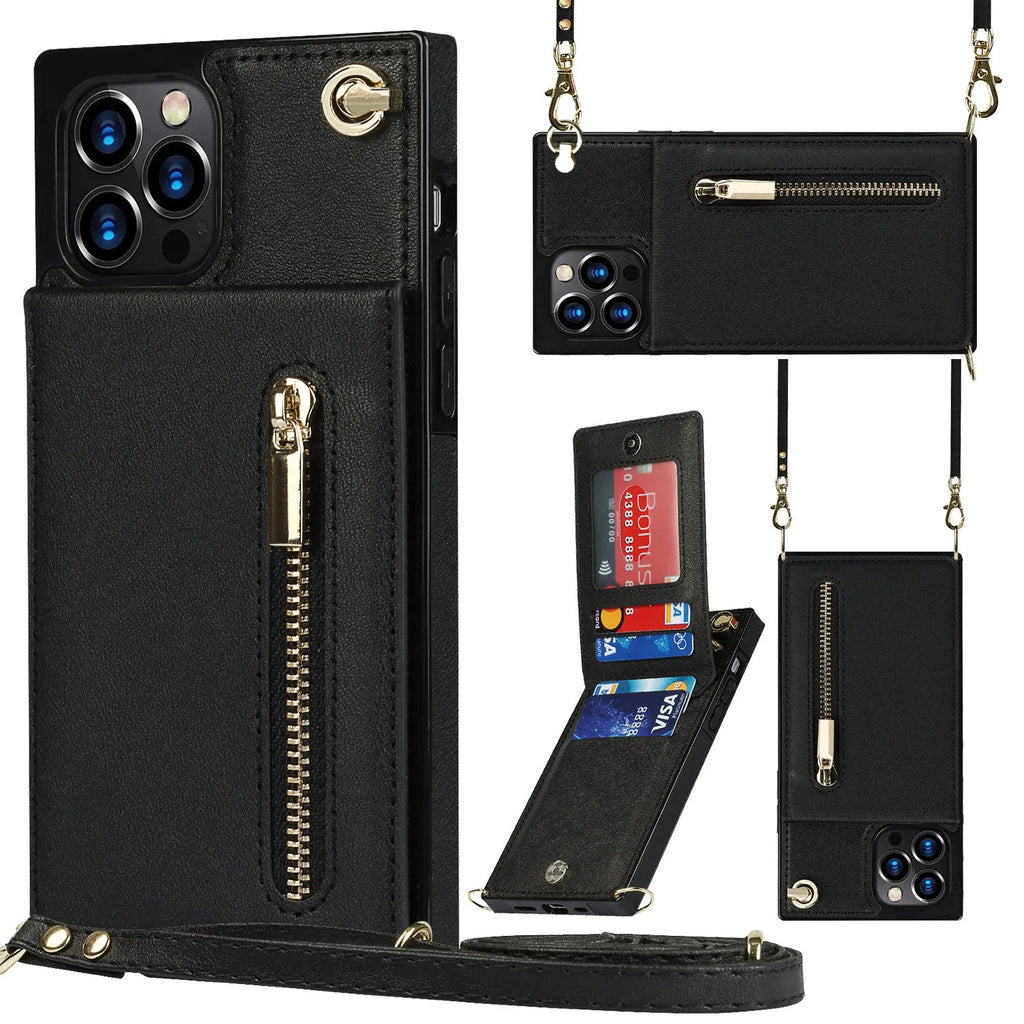 Black leather mobile phone case for an iPhone 13, showing the TPU inner layer and solid-colour exterior.