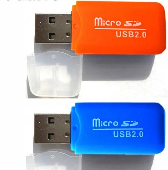 Mini USB card reader for microSD TF cards with included SD adapter on a white background.