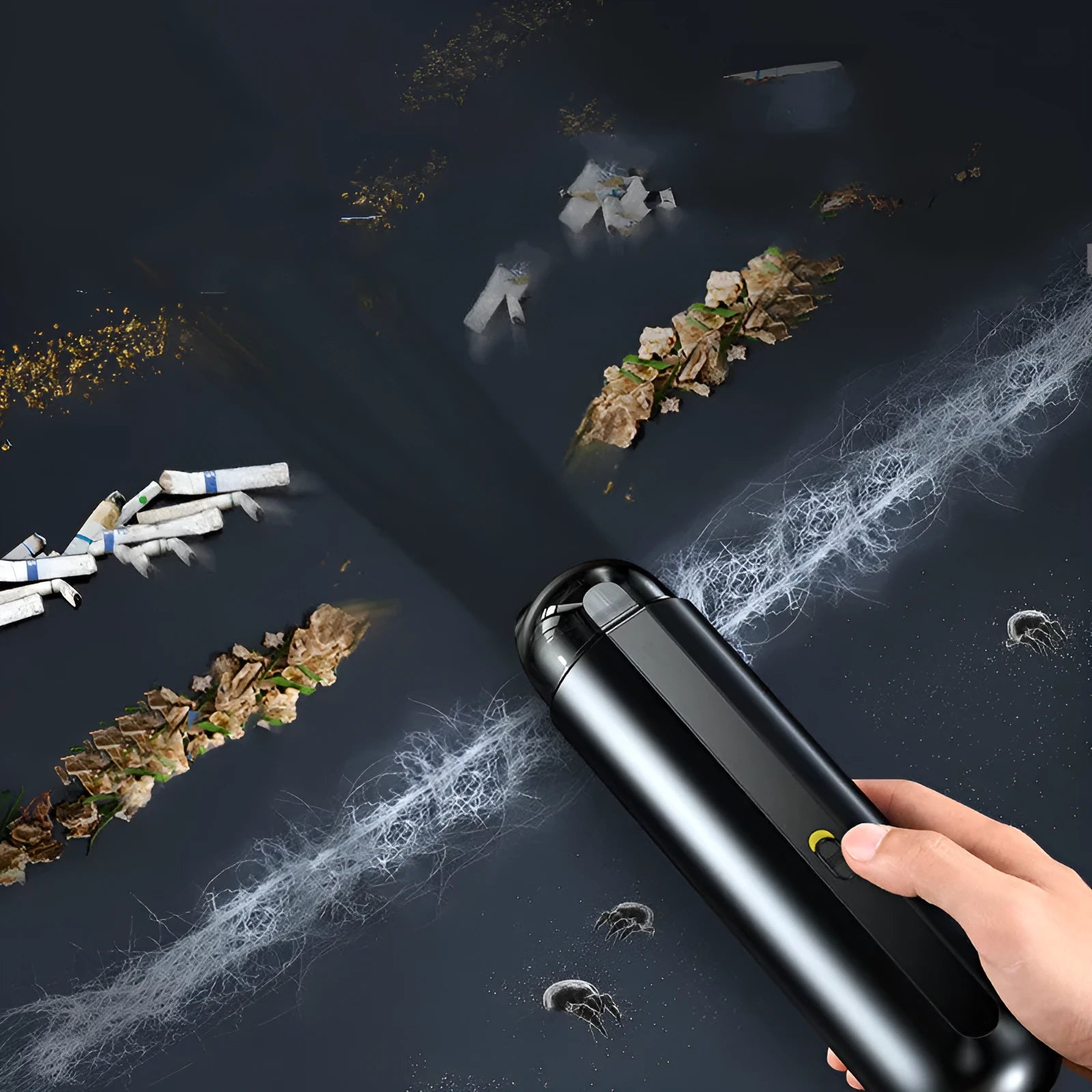 Black handheld wireless car vacuum cleaner with dust bin and blower hose