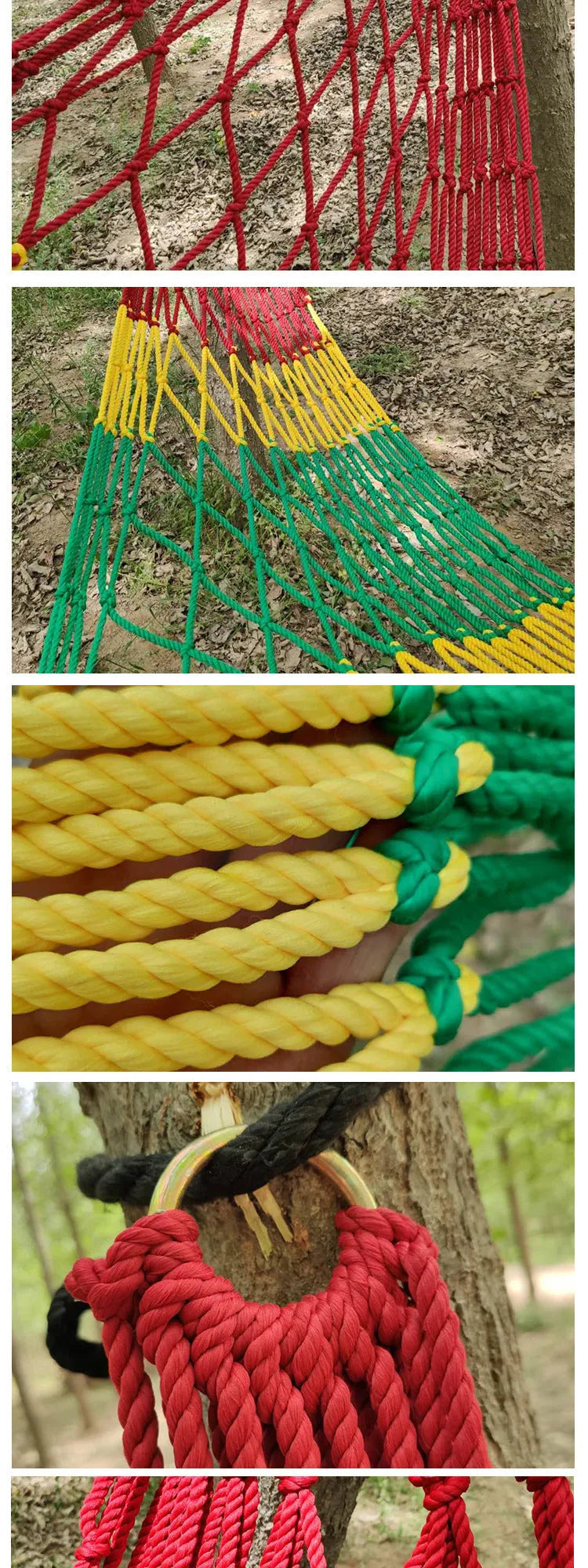 Nylon rope mesh hammock with tying system shown outdoors