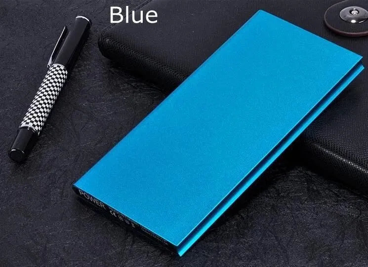 Aluminium alloy USB power bank with 8000mAh capacity, dual USB ports, and an LED light.
