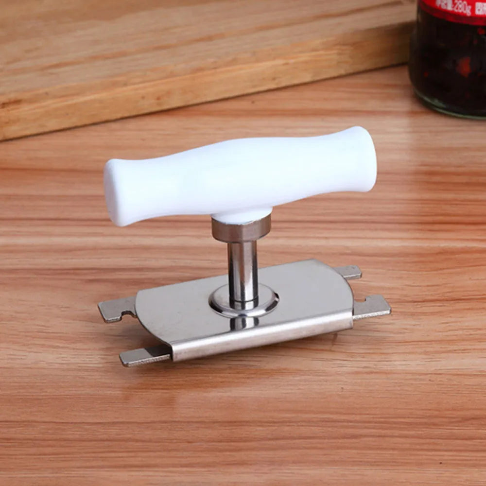 White adjustable stainless steel bottle opener with PP handle showing gear mechanism