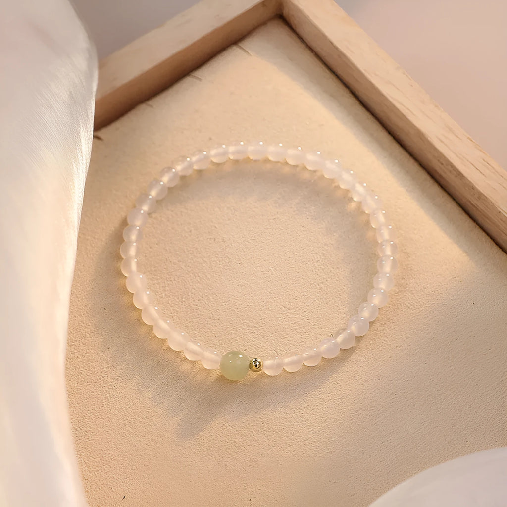 Natural white agate bracelet for women with 15cm circumference, showcasing handmade New Chinese style.
