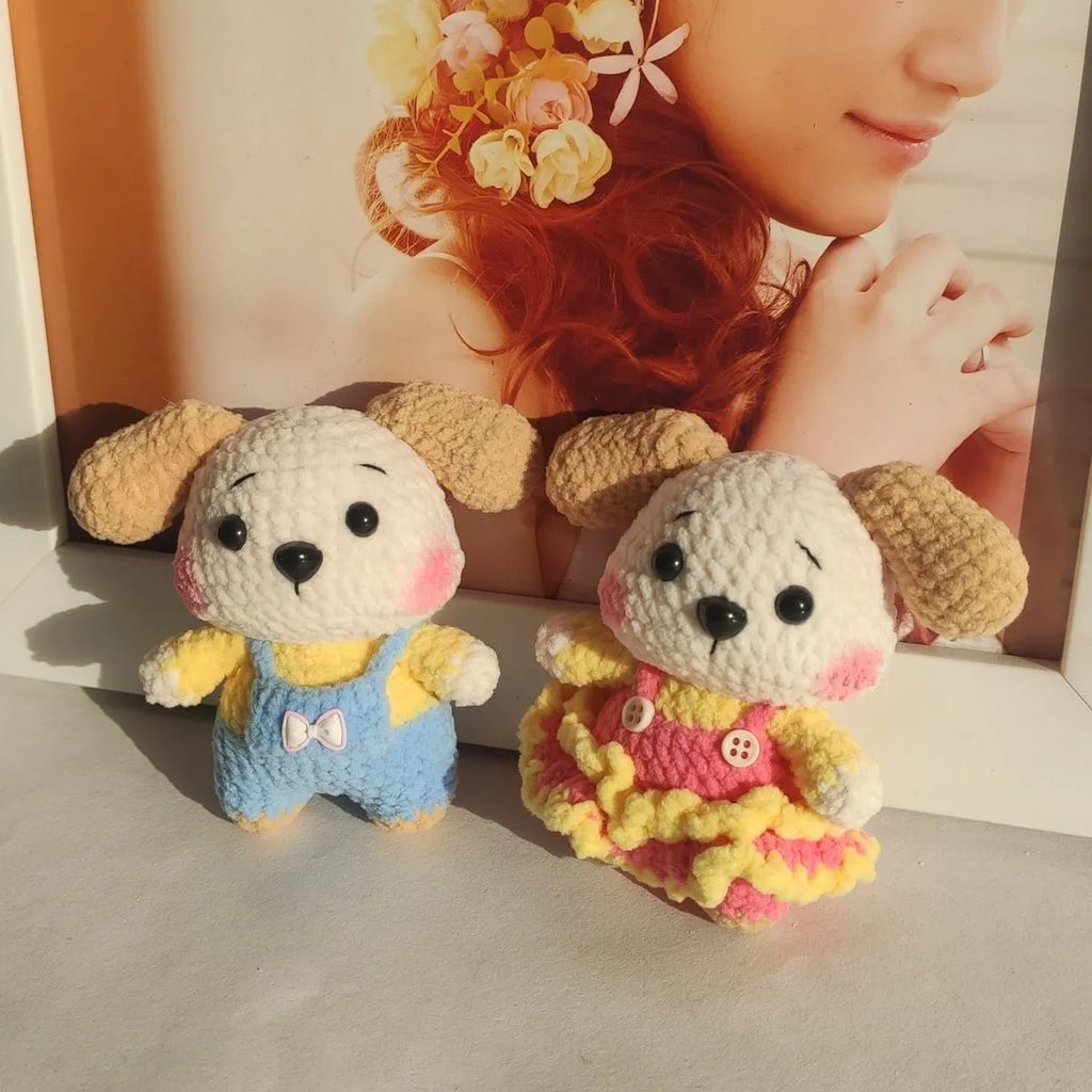 Hand-finished woollen couple zodiac dog pendant charm with key chain on pinafore dress and trousers styles