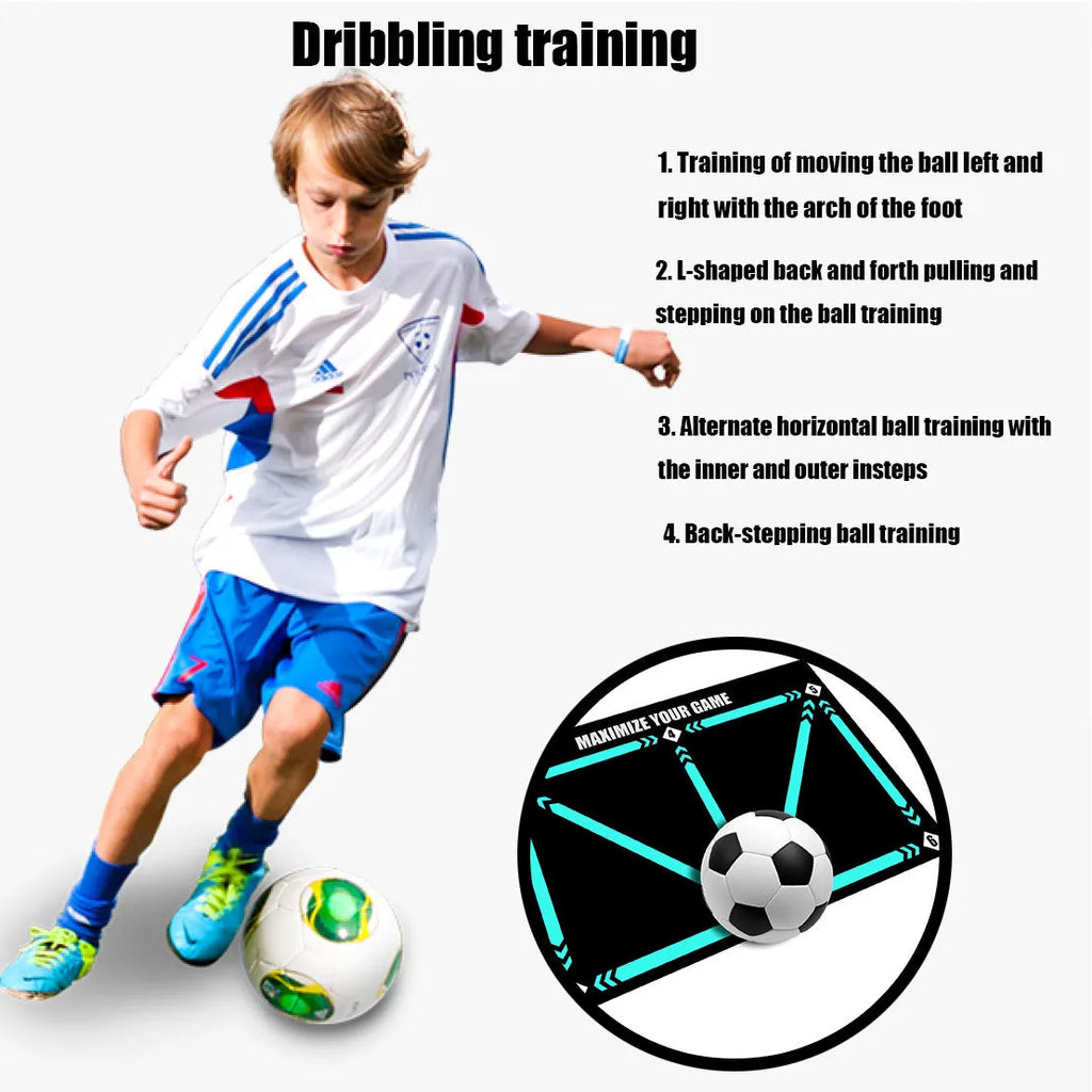 Black football training mat with grid markings measuring 60x90cm for non-slip skills practice