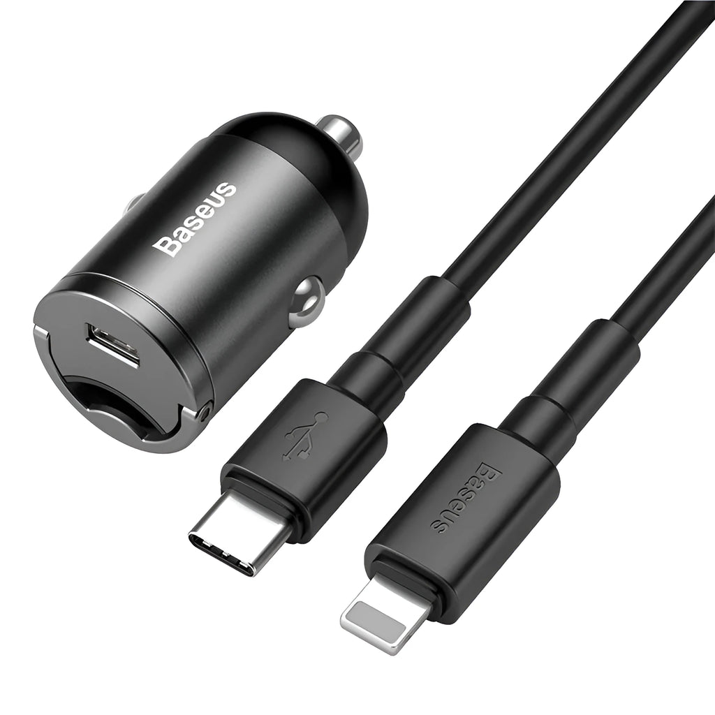 Baseus electro-optical grey 30W USB car charger with 1 metre cable plugged into car socket