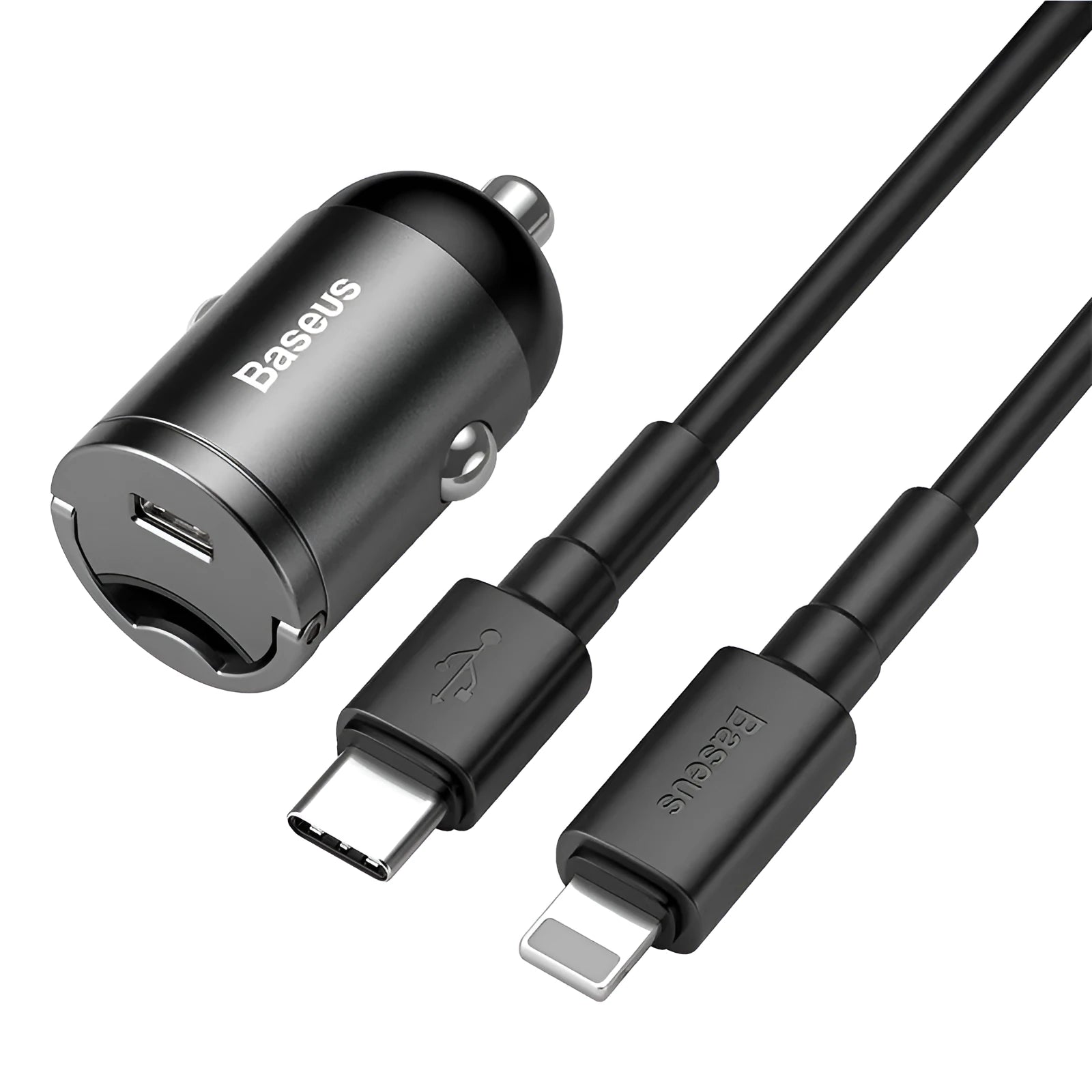 Baseus electro-optical grey 30W USB car charger with 1 metre cable plugged into car socket