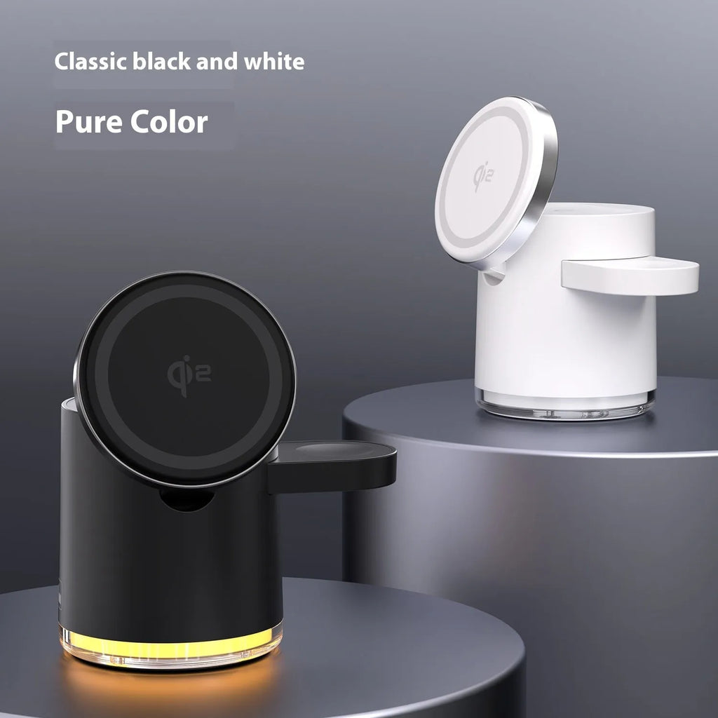 Black magnetic folding three-in-one wireless charger for mobile phone, smartwatch and earbuds showing folded and unfolded positions
