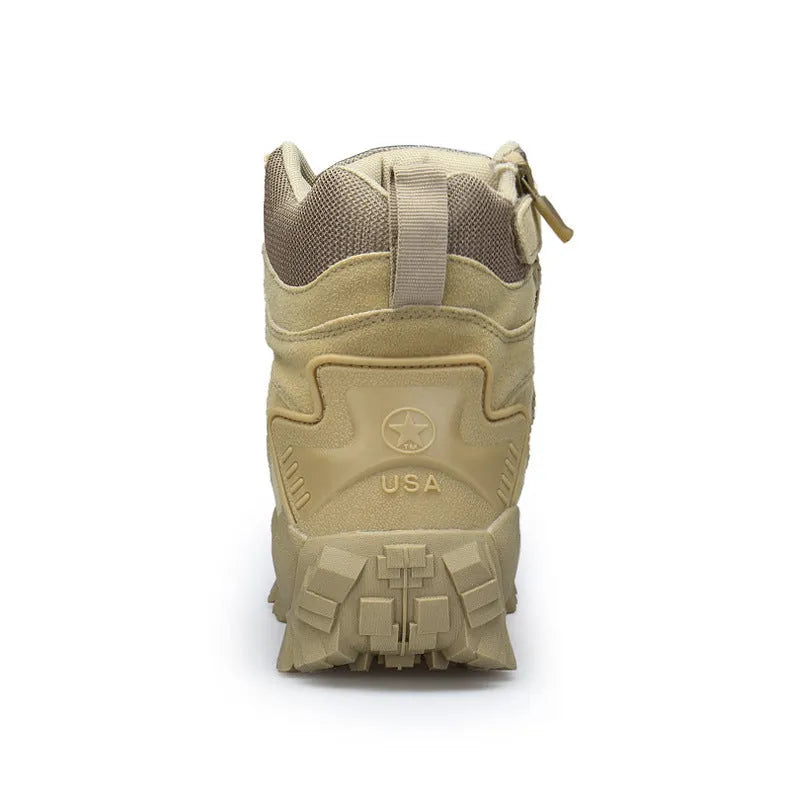 Men's black and sand US Army Delta tactical boots with rubber sole for outdoor sports.