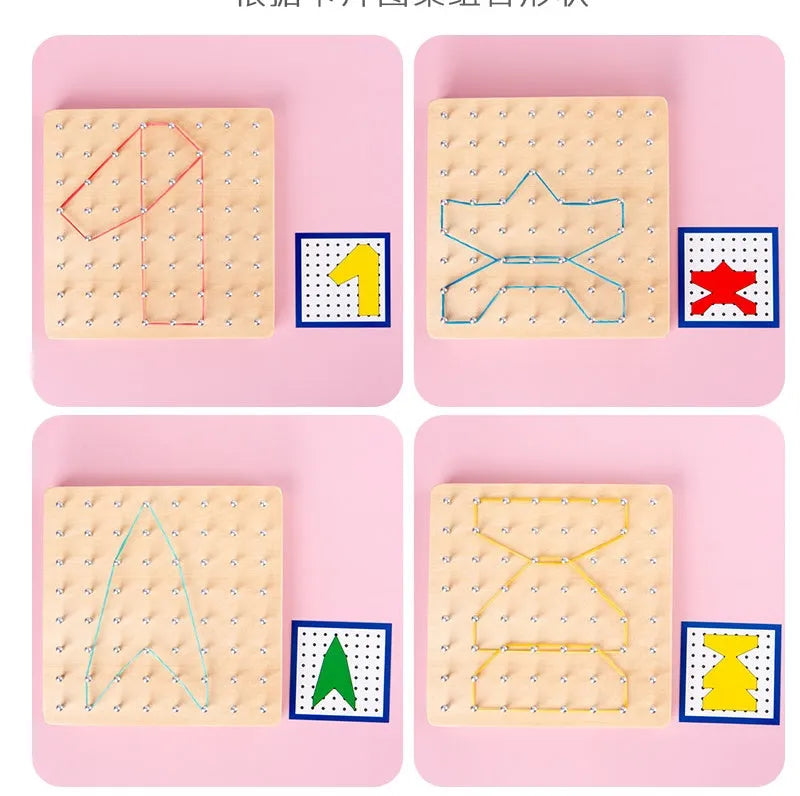 Yellow wooden Montessori nail plate 15x15x2cm on a flat surface