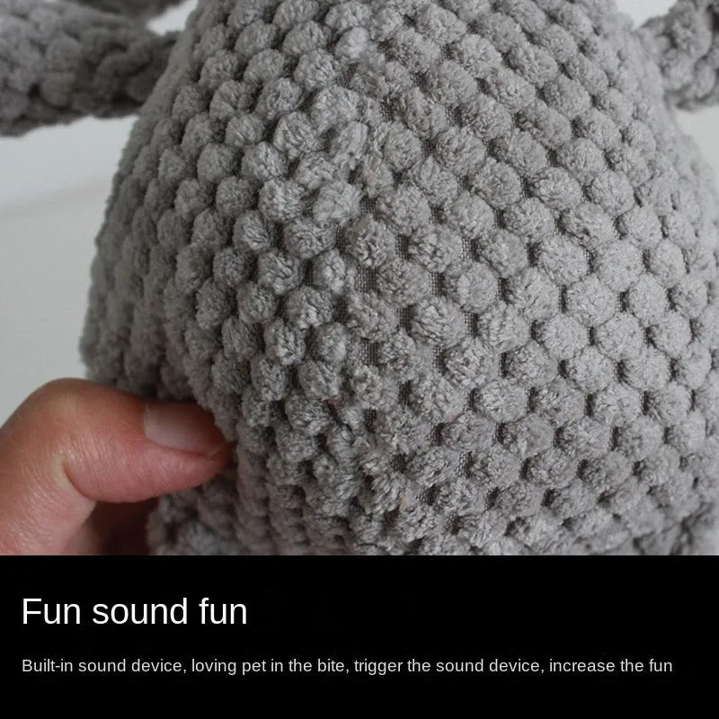 Four animal-shaped dog plush toys with squeakers: donkey, elephant, orangutan and rabbit designs