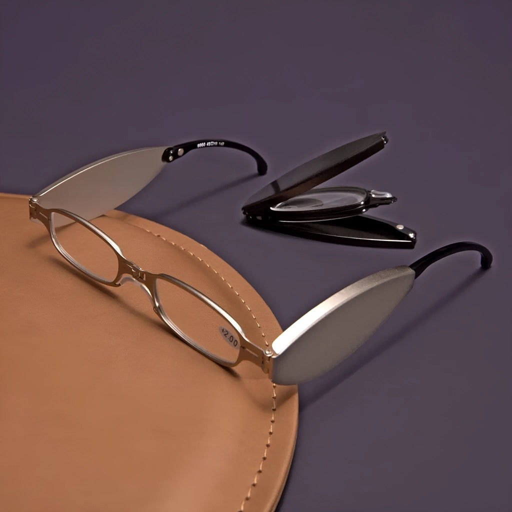 Folding presbyopic glasses in black retro frame showing folded and unfolded positions