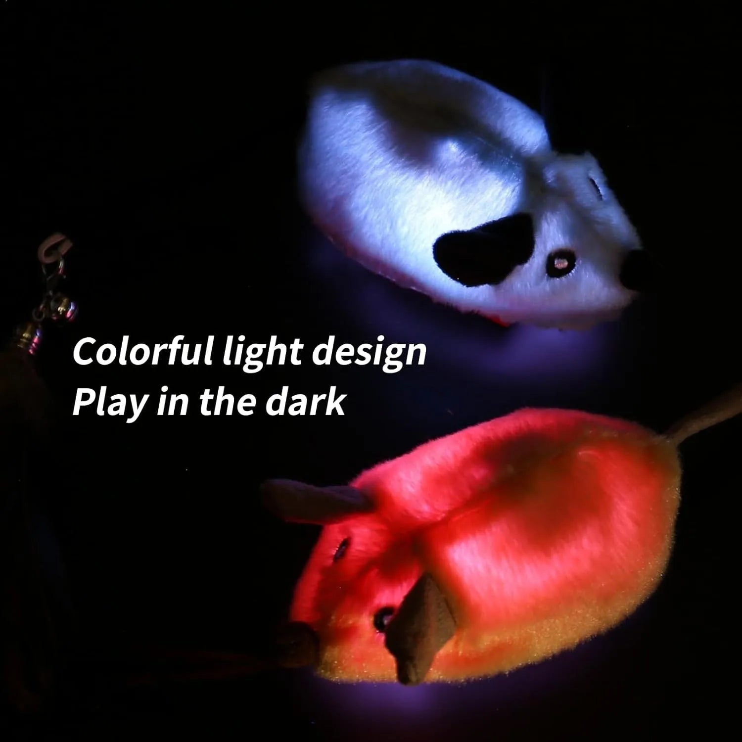 Grey and yellow automatic cat mouse toy with feather tail and LED lights