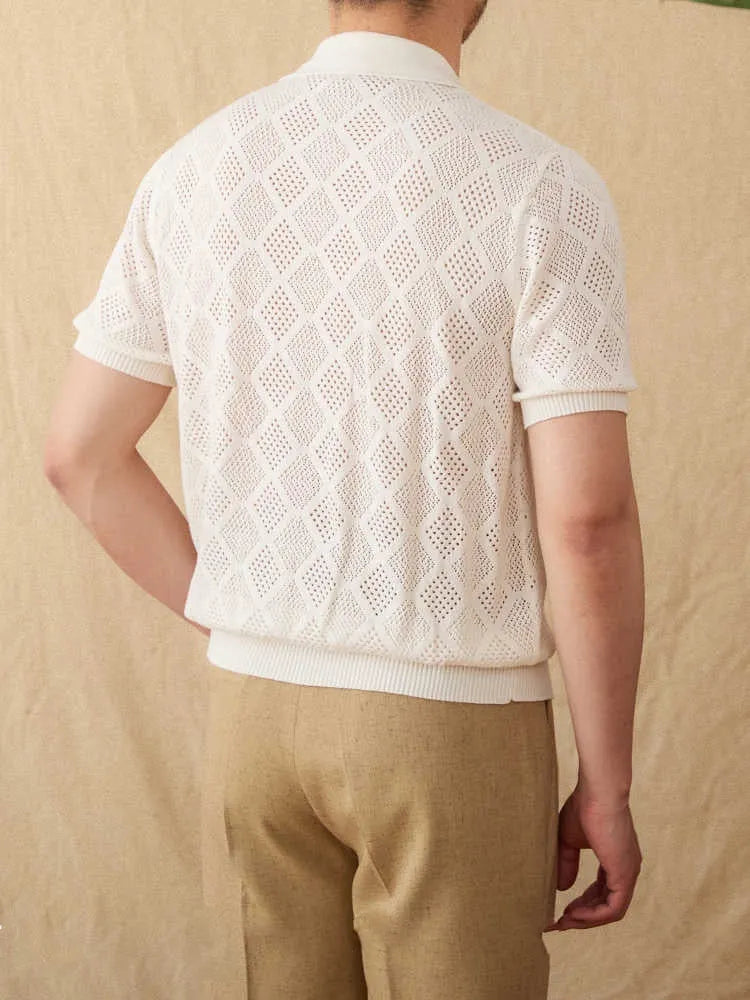 Light brown cotton cardigan with lapel collar, short sleeves, and front zipper