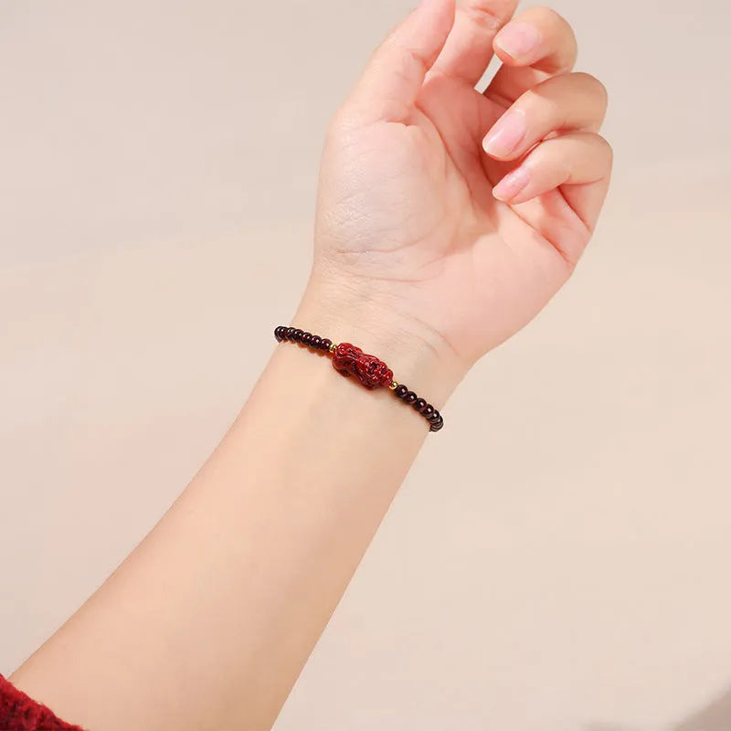 Natural garnet and strawberry quartz square bracelet with carved pixiu charms in purple and sand colours