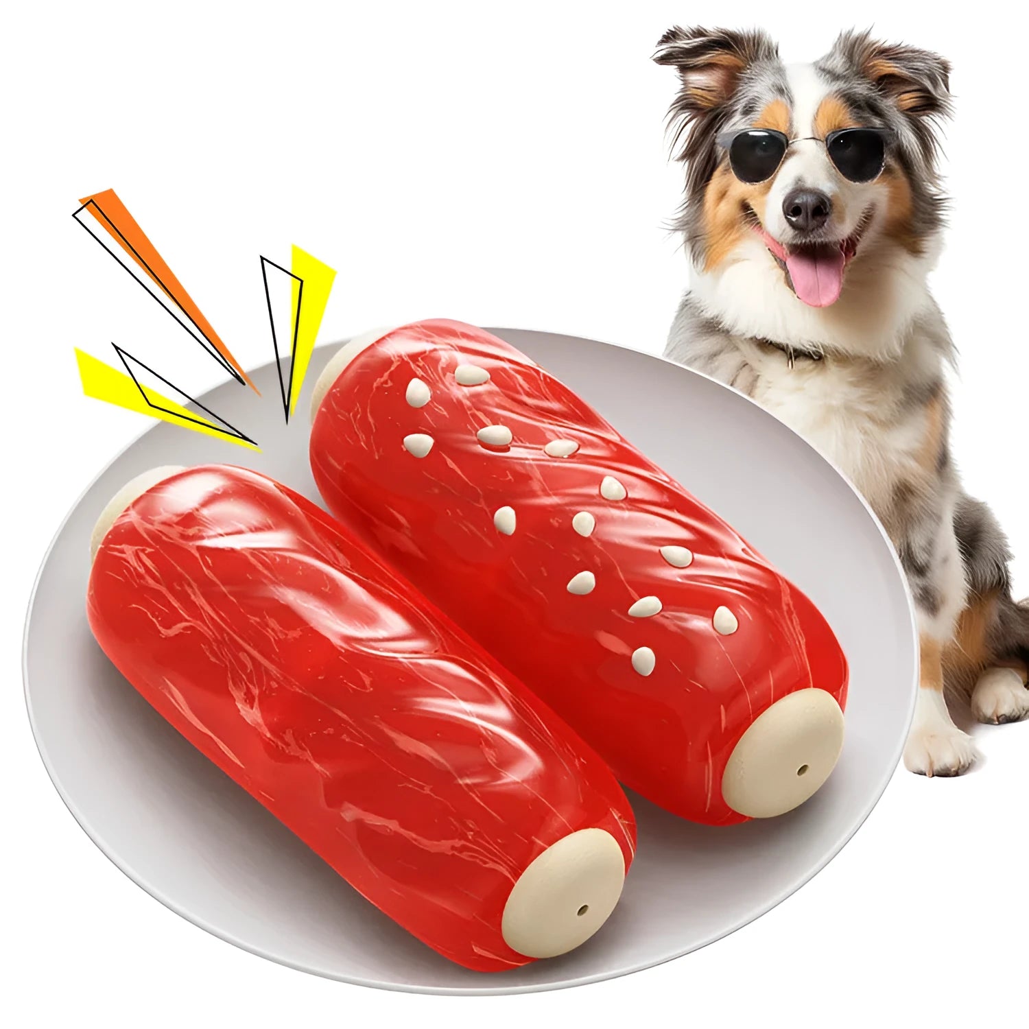 Primary colour plastic molar rod dog chew toy with treat holes.