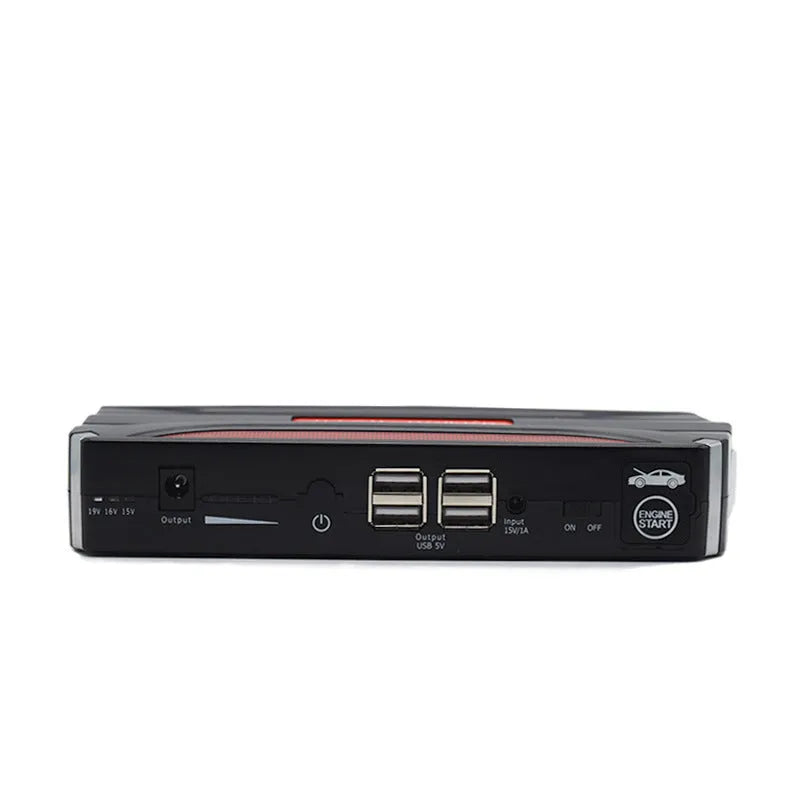 Black and red 12V vehicle emergency jump starter power supply unit.