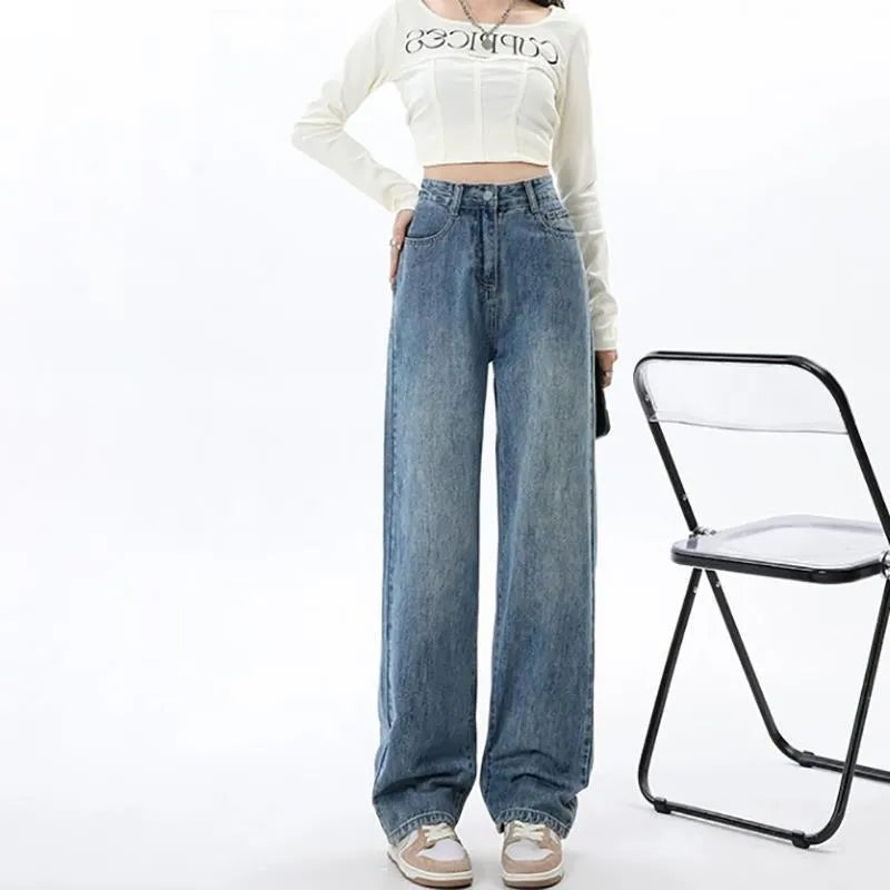 Retro blue high-waist wide-leg jeans for women on a hanger.